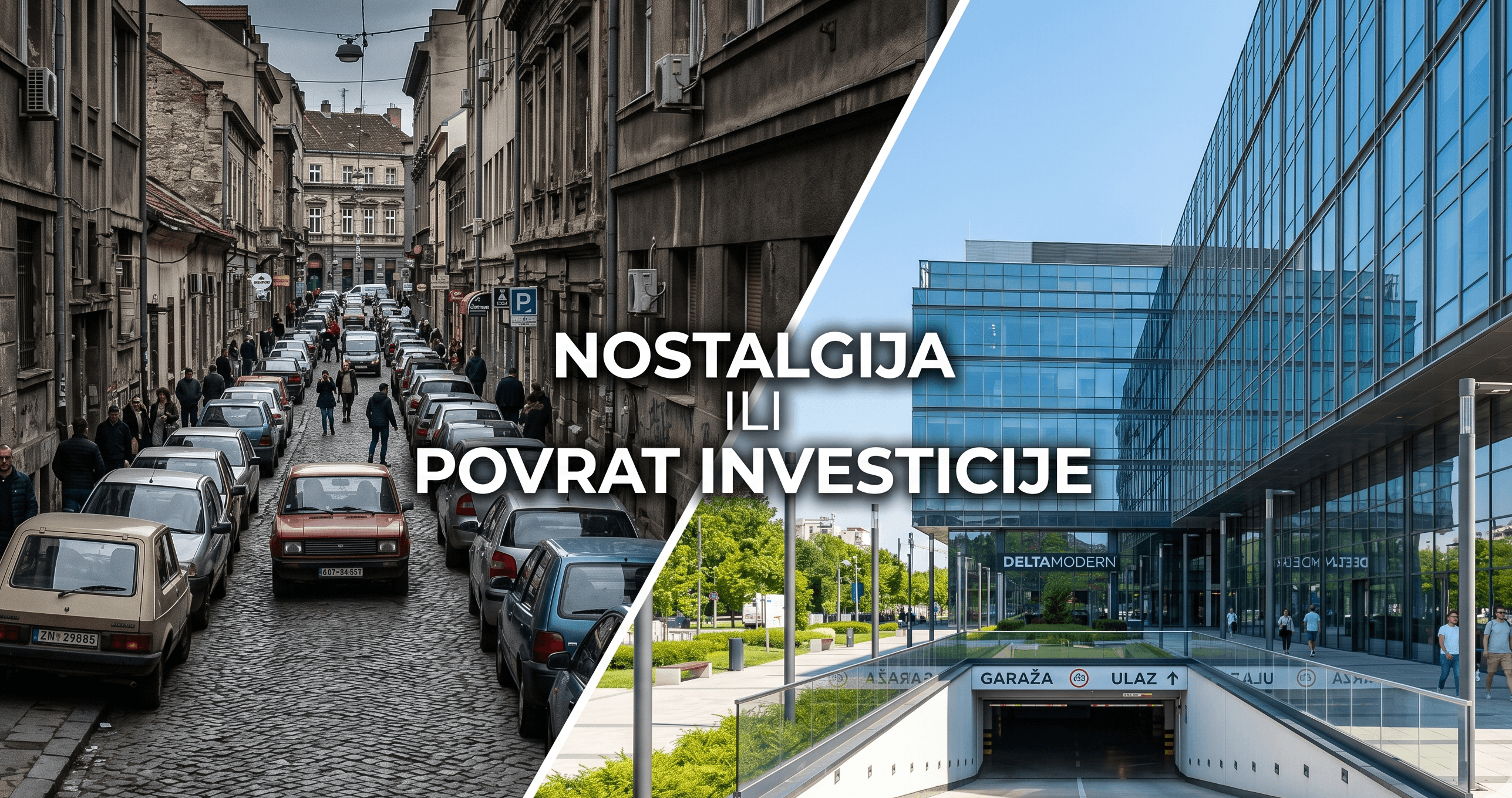 Podeljeni kadar istorijskih ulica Starog grada i modernih staklenih oblakodera na Novom Beogradu