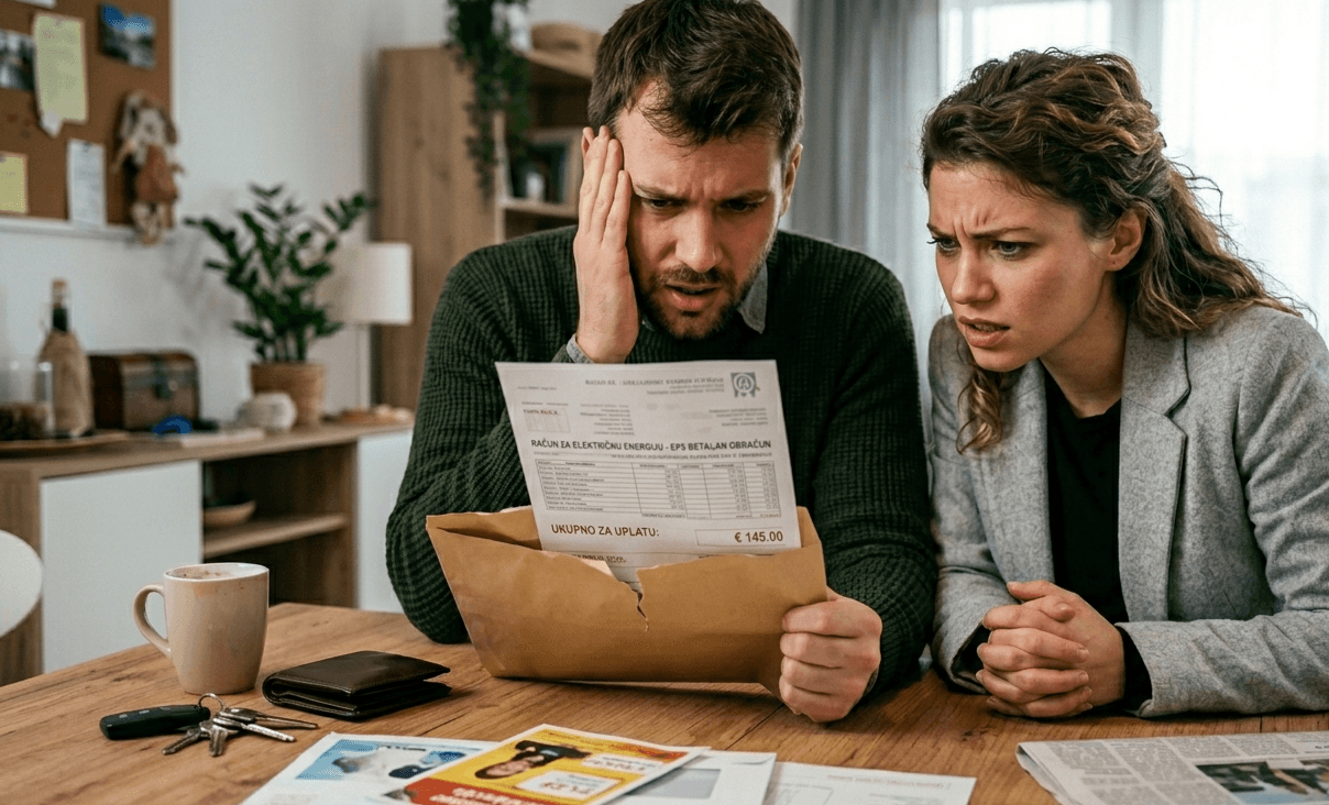 A distressed couple at home reacting with shock to a high electricity bill showing an amount of € 145.00.