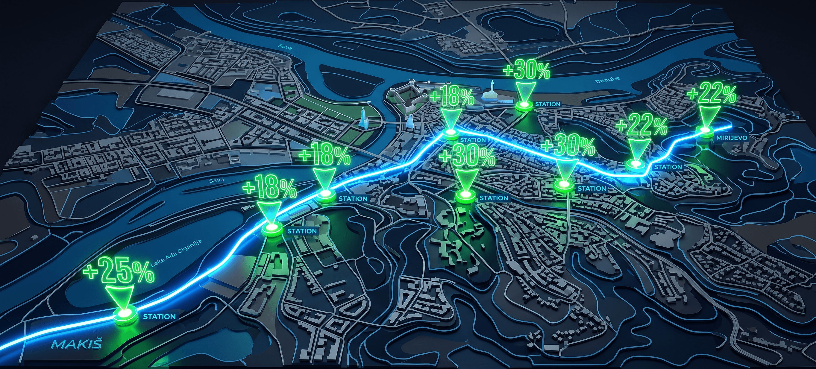 Futuristička mapa linija metro stanica preko grada Beograda, Srbija