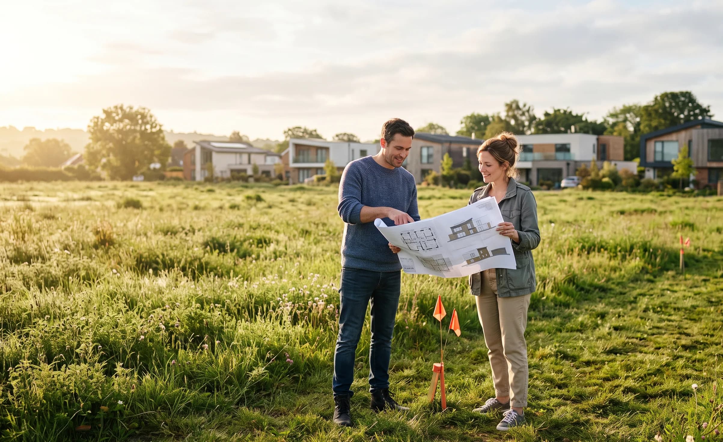 Man and a woman are looking at a plan for building their house on the land that they have bought