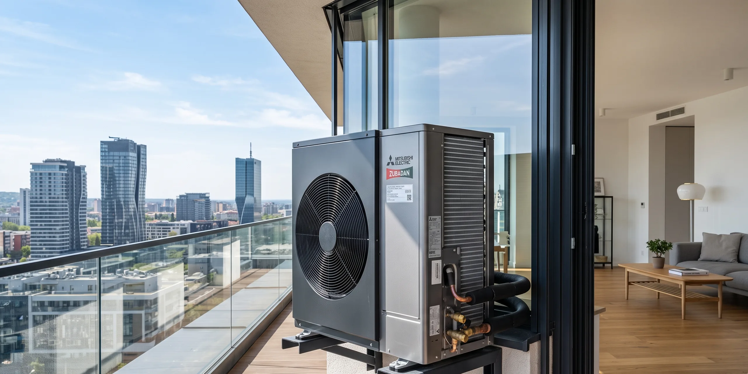 Modern heat pump outdoor unit installed on luxury balcony for heat pumps vs central heating Belgrade comparison